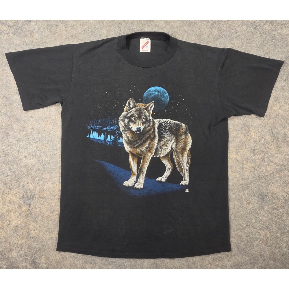 Vintage 1987 Jerzees Wolf Moon Graphic T-Shirt Black Single Stitch Mens Large L